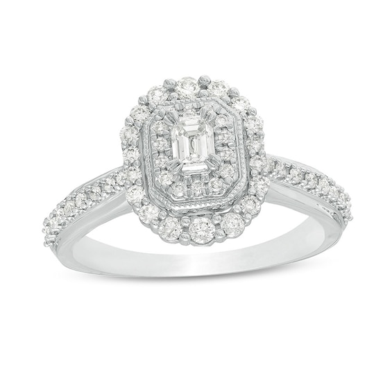 Previously Owned - 5/8 CT. T.w. Emerald-Cut Diamond Octagonal Frame Vintage-Style Engagement Ring in 10K White Gold