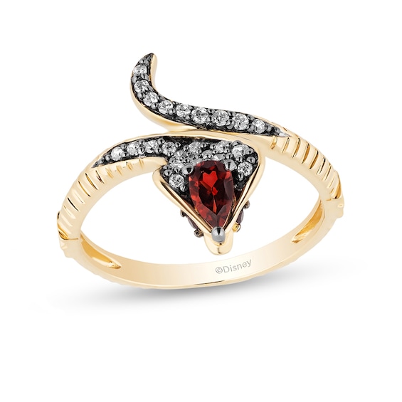 Previously Owned - Enchanted Disney Villains Jafar Pear-Shaped Garnet and 1/6 CT. T.w. Diamond Snake Ring in 10K Gold