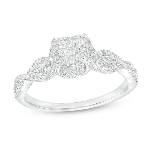 Previously Owned - 3/8 CT. T.w. Princess-Cut Multi-Diamond Frame Vintage-Style Engagement Ring in 10K White Gold
