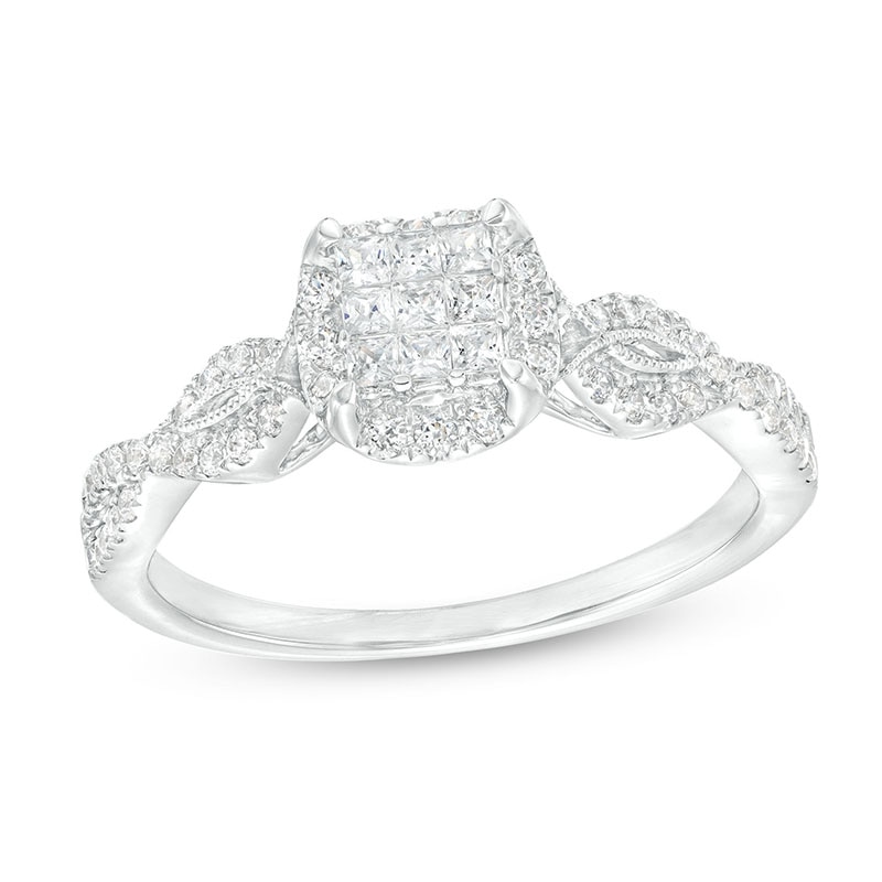 Main Image 1 of Previously Owned - 3/8 CT. T.W. Princess-Cut Multi-Diamond Frame Vintage-Style Engagement Ring in 10K White Gold