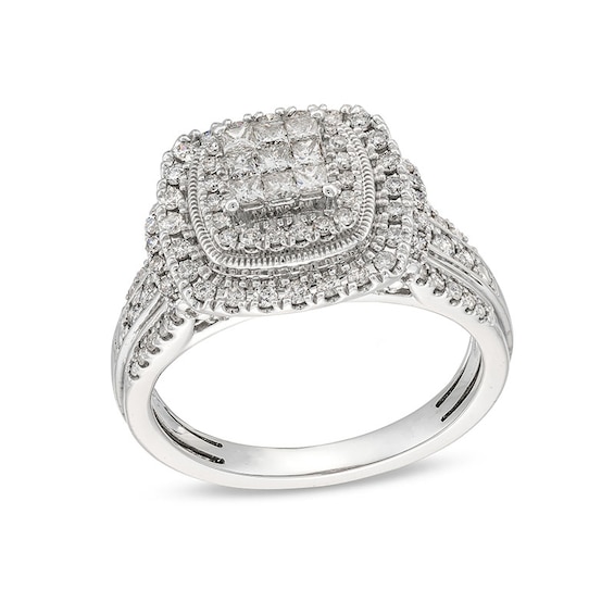 Previously Owned - 3/4 CT. T.w. Multi-Diamond Cushion Frame Triple Row Vintage-Style Engagement Ring in 10K White Gold