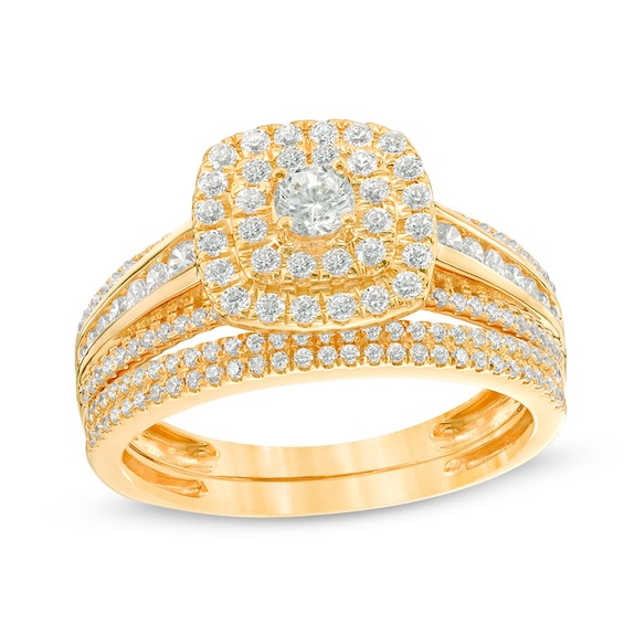 Previously Owned - 1 CT. T.w. Diamond Double Cushion Frame Bridal Set in 10K Gold
