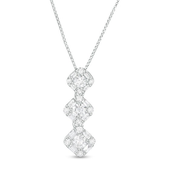 Previously Owned - 1/2 CT. T.w. Baguette and Round Diamond Frame Graduated Three Stone Pendant in 10K White Gold