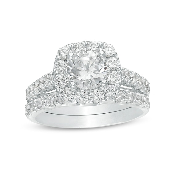 Previously Owned - Celebration Ideal 2-1/2 CT. T.w. Diamond Cushion Frame Bridal Set in 14K White Gold (I/I1)