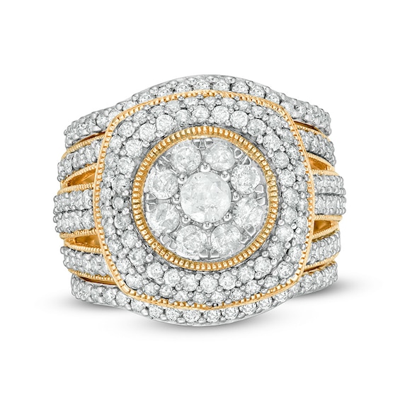 Previously Owned - 2-1/4 CT. T.w. Multi-Diamond Cushion Frame Multi-Row Vintage-Style Three Piece Bridal Set in 10K Gold