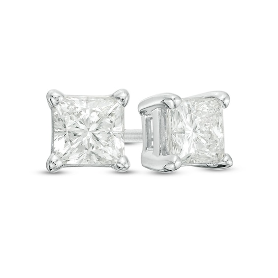 Previously Owned - 1 CT. T.w. Princess-Cut Diamond Solitaire Stud Earrings in 14K White Gold (I/I1)