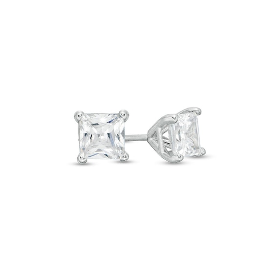 Previously Owned - 3/4 CT. T.w. Princess-Cut Diamond Solitaire Stud Earrings in 14K White Gold (I/I1)