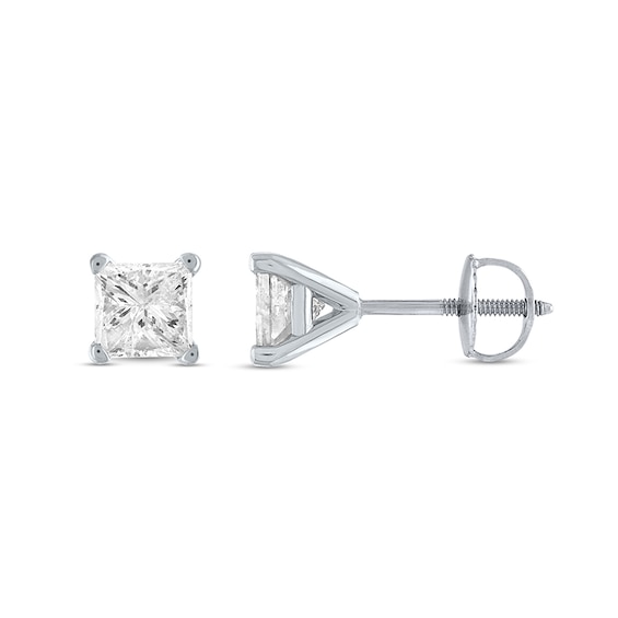 Previously Owned - 1 CT. T.w. Princess-Cut Diamond Solitaire Stud Earrings in 14K White Gold (I/I1)
