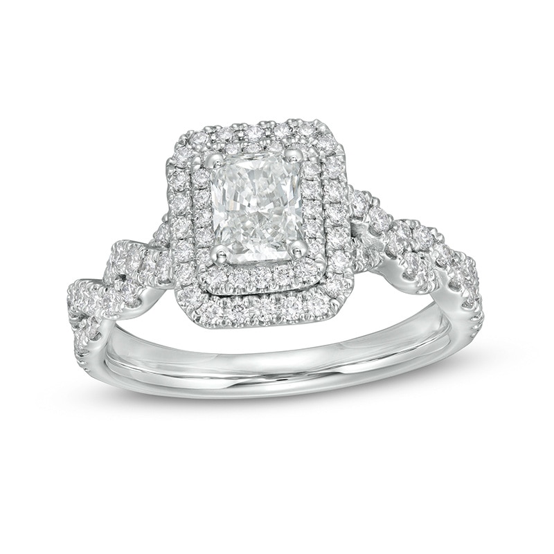 Main Image 1 of Previously Owned - 1-1/2 CT. T.W. Radiant-Cut Diamond Frame Braided Shank Engagement Ring in Platinum (I/SI2)