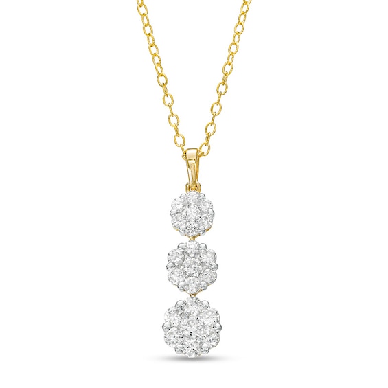 Previously Owned - 1 CT. T.w. Multi-Diamond Graduated Flower Trio Pendant in 10K Gold