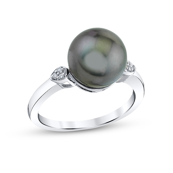 Previously Owned - 10.0mm Black Tahitian Cultured Pearl and Diamond Accent Ring in 10K White Gold