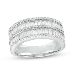 Previously Owned - 7/8 CT. T.W. Baguette and Round Diamond Multi-Row Anniversary Band in 14K White Gold