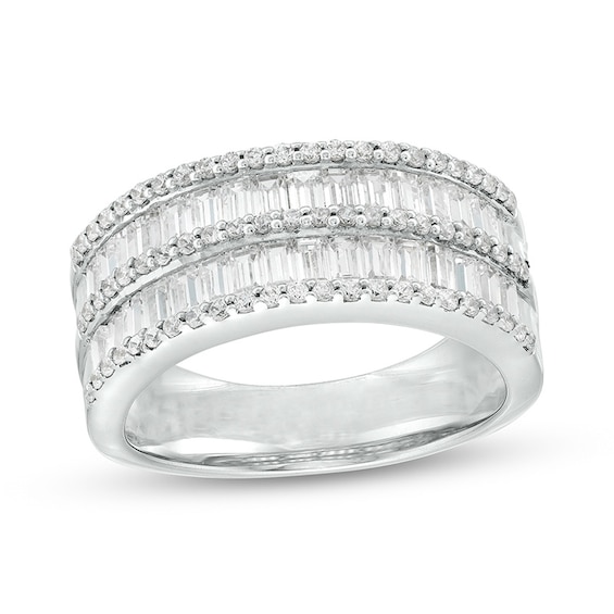 Previously Owned - 7/8 CT. T.w. Baguette and Round Diamond Multi-Row Anniversary Band in 14K White Gold