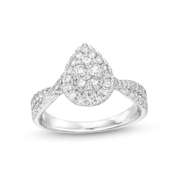 Previously Owned - 3/4 CT. T.w. Pear Multi-Diamond Frame Twist Split Shank Engagement Ring in 10K White Gold