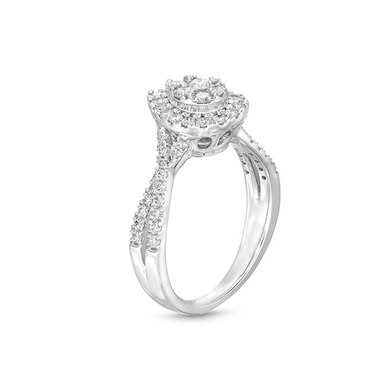 Previously Owned - 3/4 CT. T.w. Pear Multi-Diamond Frame Twist Split Shank Engagement Ring in 10K White Gold