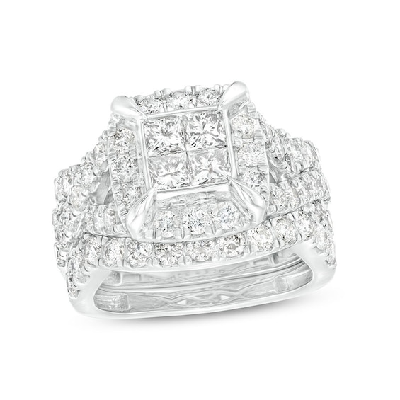 Previously Owned - 3 CT. T.w. Quad Princess-Cut Diamond Frame Twist Shank Three Piece Bridal Set in 14K White Gold