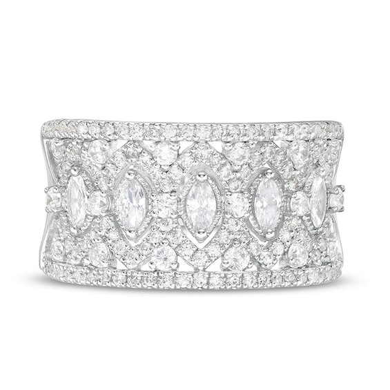 Previously Owned - 1 CT. T.w. Marquise and Round Diamond Vintage-Style Multi-Row Anniversary Band in 14K White Gold