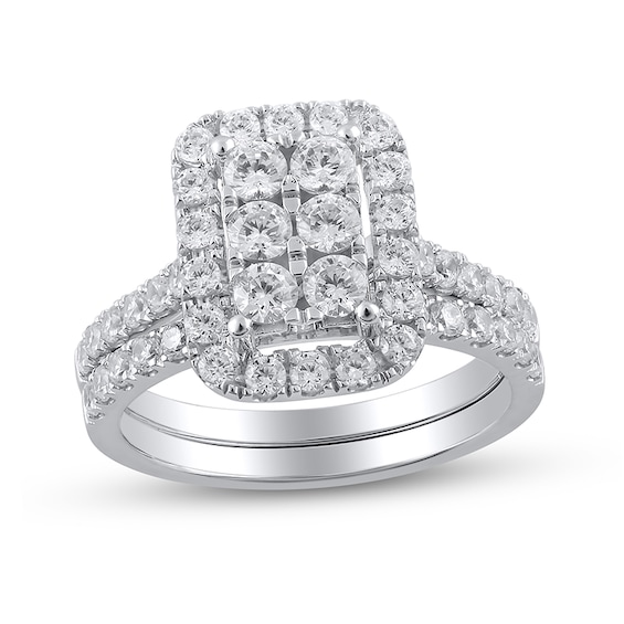 Previously Owned - 1-1/2 CT. T.w. Emerald-Shaped Multi-Diamond Frame Bridal Set in 10K White Gold