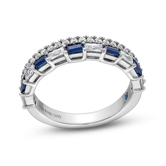 Previously Owned - Vera Wang Love Collection 3/8 CT. T.w. Diamond and Blue Sapphire Stacked Band in 14K White Gold