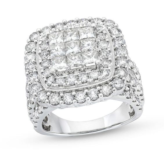 Previously Owned - 4 CT. T.w. Princess-Cut Multi-Diamond Cushion Frame Vintage-Style Engagement Ring in 10K White Gold