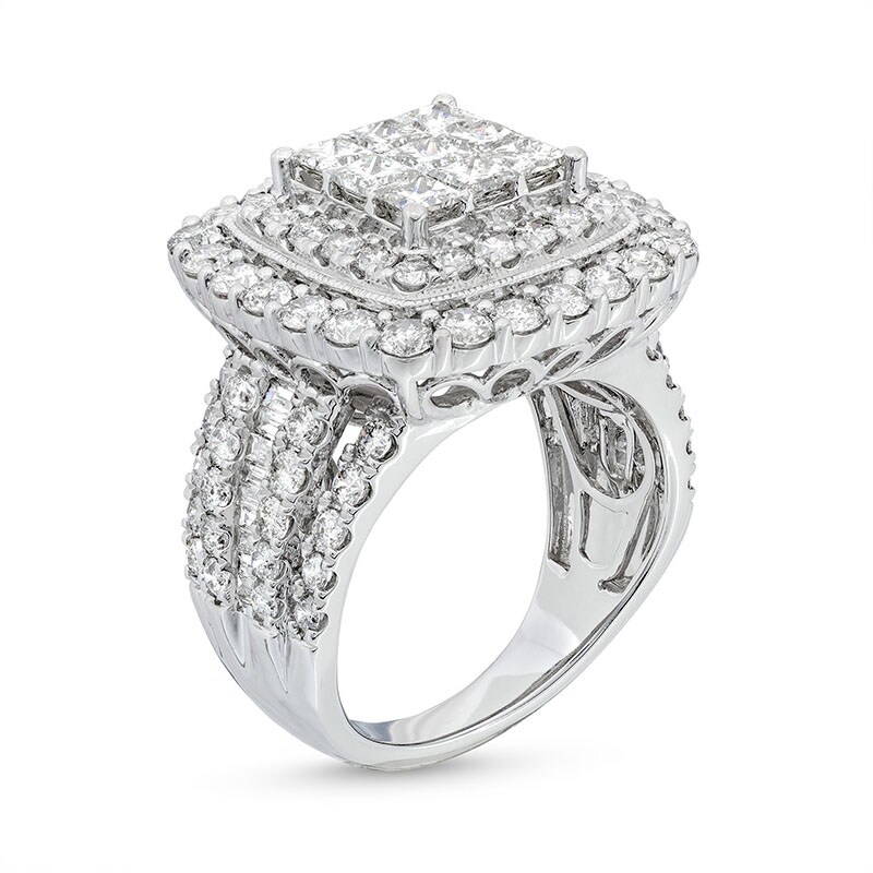 Main Image 3 of Previously Owned - 4 CT. T.W. Princess-Cut Multi-Diamond Cushion Frame Vintage-Style Engagement Ring in 10K White Gold