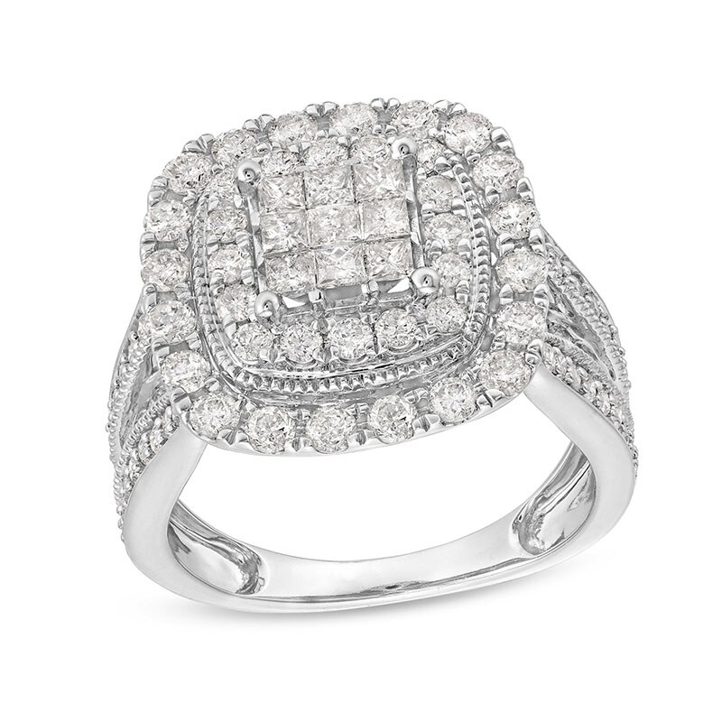 Main Image 1 of Previously Owned - 2 CT. T.W. Princess-Cut Multi-Diamond Double Frame Multi-Row Engagement Ring in 10K White Gold