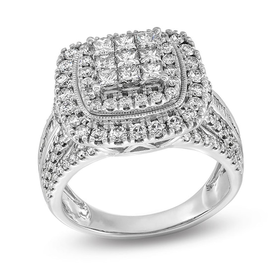 Previously Owned - 2 CT. T.w. Princess-Cut Multi-Diamond Double Cushion Frame Multi-Row Engagement Ring in 10K White Gold