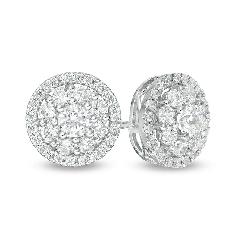 Main Image 1 of Previously Owned - 1 CT. T.W. Lab-Grown Diamond Double Frame Stud Earrings in 14K White Gold (F/SI2)