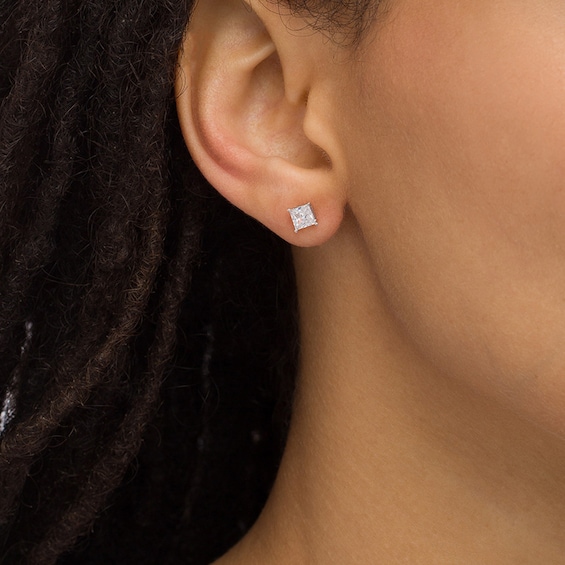 Previously Owned - 1 CT. T.w. Princess-Cut Lab-Grown Diamond Solitaire Stud Earrings in 14K White Gold (F/Si2)