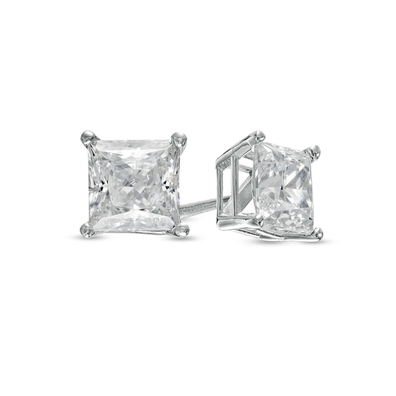 Previously Owned - 1-1/2 CT. T.w. Princess-Cut Lab-Grown Diamond Solitaire Stud Earrings in 14K White Gold (F/Si2)
