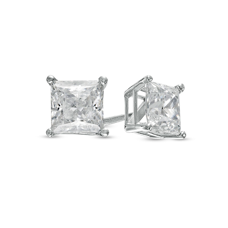 Main Image 1 of Previously Owned - 1-1/2 CT. T.W. Princess-Cut Lab-Grown Diamond Solitaire Stud Earrings in 14K White Gold (F/SI2)
