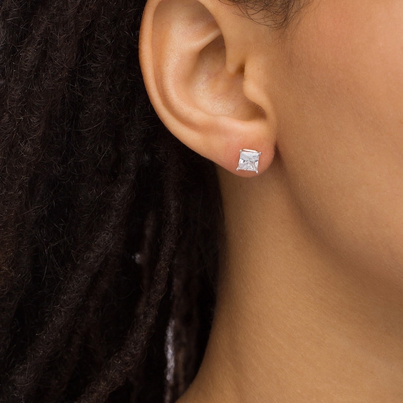 Previously Owned - 2 CT. T.w. Princess-Cut Lab-Grown Diamond Solitaire Stud Earrings in 14K White Gold (F/Si2)