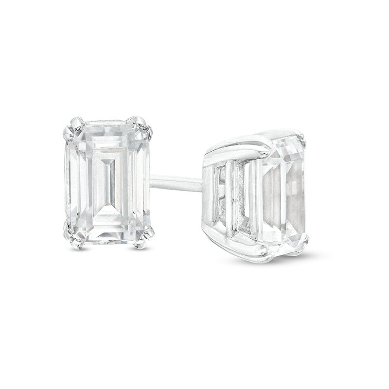 Main Image 1 of Previously Owned - 1 CT. T.W. Emerald-Cut Lab-Grown Diamond Solitaire Stud Earrings in 14K White Gold (F/SI2)
