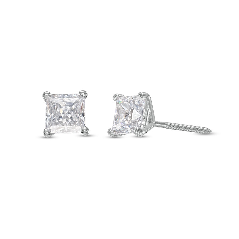 Main Image 1 of Previously Owned - 1 CT. T.W. Princess-Cut Lab-Grown Diamond Solitaire Stud Earrings in 14K White Gold (F/SI2)