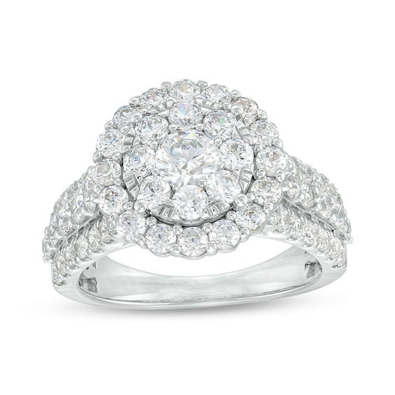 Previously Owned - 2-1/2 CT. T.w. Lab-Grown Multi-Diamond Frame Triple Row Ring in 14K White Gold (F/Si2)