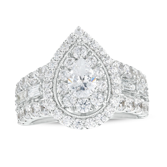 Previously Owned - 3 CT. T.w. Pear-Shaped Lab-Grown Diamond Double Frame Engagement Ring in 14K White Gold (F/Vs2)