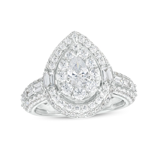 Previously Owned - 2 CT. T.w. Pear-Shaped Lab-Grown Diamond Double Frame Engagement Ring in 14K White Gold (F/Vs2)