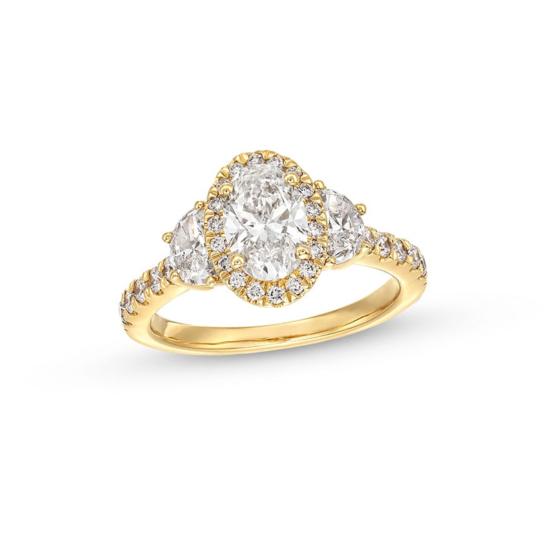 Main Image 1 of Previously Owned - 2 CT. T.W. Oval Lab-Grown Diamond Three-Stone Engagement Ring in 14K Gold (F/VS2)