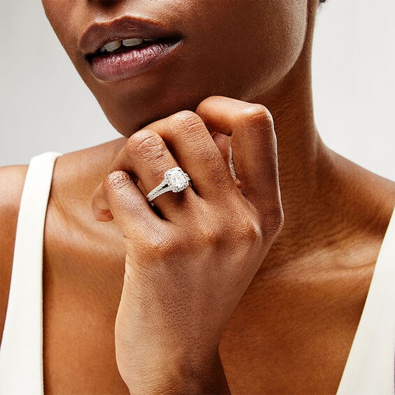 Previously Owned - 1-1/2 CT. T.w. Cushion-Cut Lab-Grown Diamond Frame Split Shank Engagement Ring in 14K White Gold