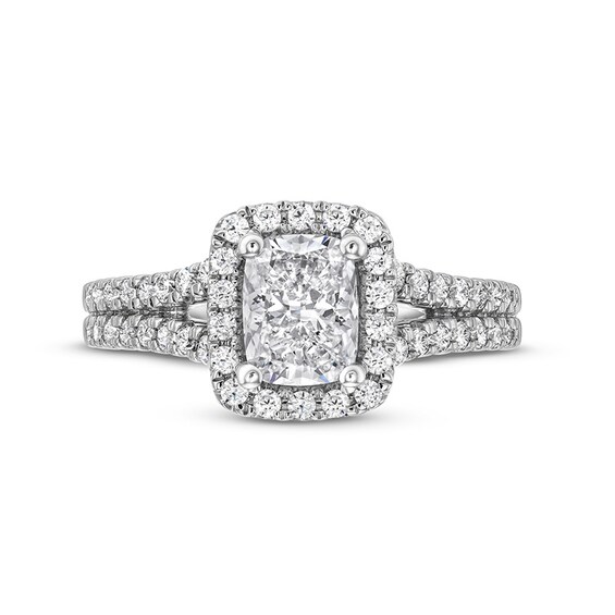 Previously Owned - 1-1/2 CT. T.w. Cushion-Cut Lab-Grown Diamond Frame Split Shank Engagement Ring in 14K White Gold