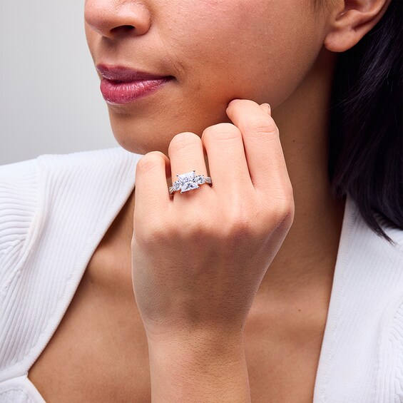 Previously Owned - 4 CT. T.w. Princess-Cut Lab-Grown Diamond Three Stone Engagement Ring in 14K White Gold (F/Si2)