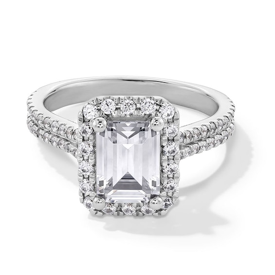 Previously Owned - 2-5/8 CT. T.w. Emerald-Cut Lab-Grown Diamond Frame Double Row Engagement Ring in 14K White Gold