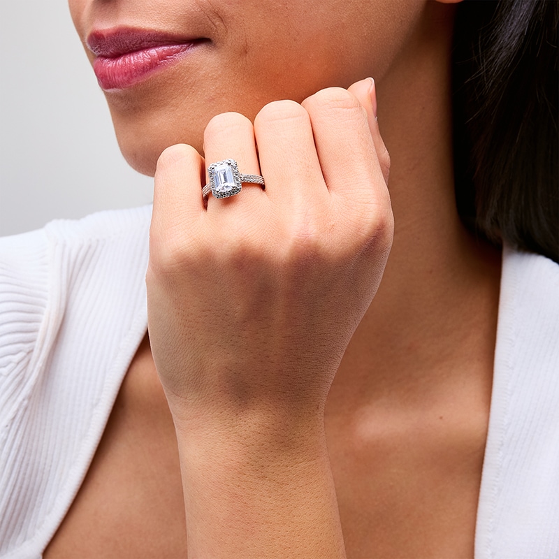 Main Image 2 of Previously Owned - 2-5/8 CT. T.W. Emerald-Cut Lab-Grown Diamond Frame Double Row Engagement Ring in 14K White Gold