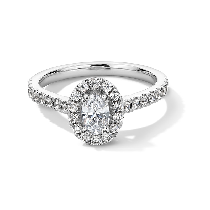 Main Image 1 of Previously Owned - 1 CT. T.W. Oval Lab-Grown Diamond Frame Engagement Ring in 14K White Gold (F/SI2)