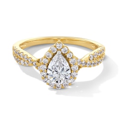 Previously Owned - 1 CT. T.W. Pear-Shaped Lab-Grown Diamond Frame Crossover Shank Engagement Ring in 14K Gold (F/SI2)
