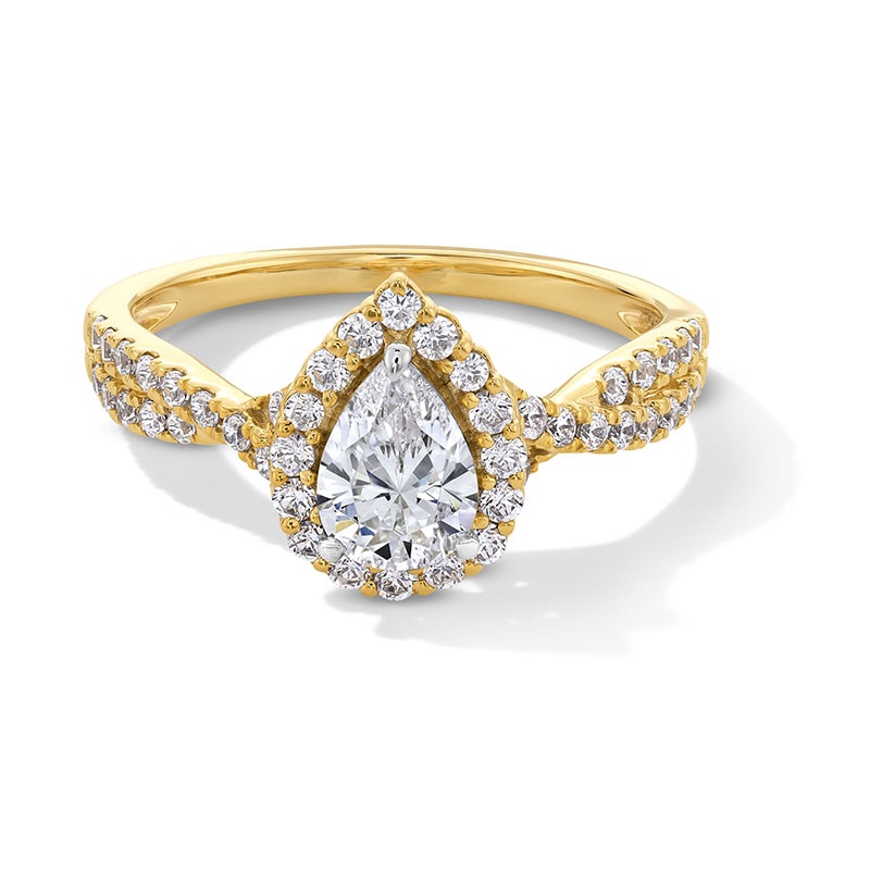 Main Image 1 of Previously Owned - 1 CT. T.W. Pear-Shaped Lab-Grown Diamond Frame Crossover Shank Engagement Ring in 14K Gold (F/SI2)