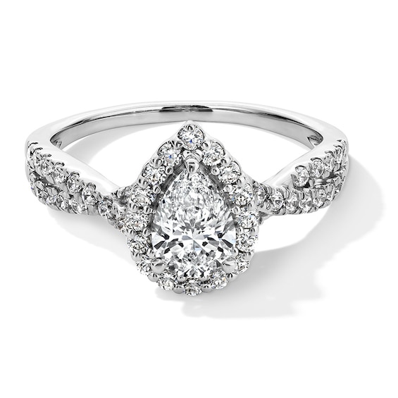 Previously Owned - 1 CT. T.w. Pear-Shaped Lab-Grown Diamond Frame Crossover Shank Engagement Ring in 14K White Gold