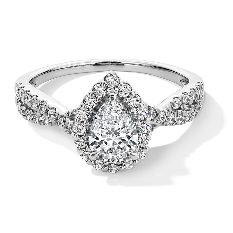Main Image 1 of Previously Owned - 1 CT. T.W. Pear-Shaped Lab-Grown Diamond Frame Crossover Shank Engagement Ring in 14K White Gold