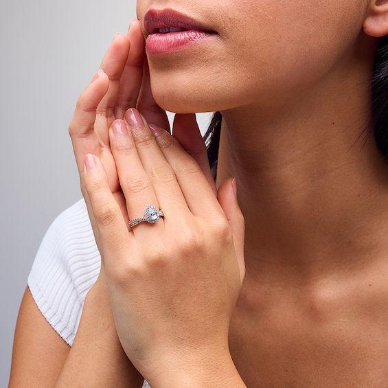 Previously Owned - 1 CT. T.w. Pear-Shaped Lab-Grown Diamond Frame Crossover Shank Engagement Ring in 14K White Gold