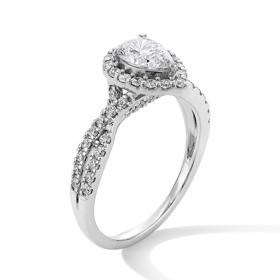 Previously Owned - 1 CT. T.w. Pear-Shaped Lab-Grown Diamond Frame Crossover Shank Engagement Ring in 14K White Gold